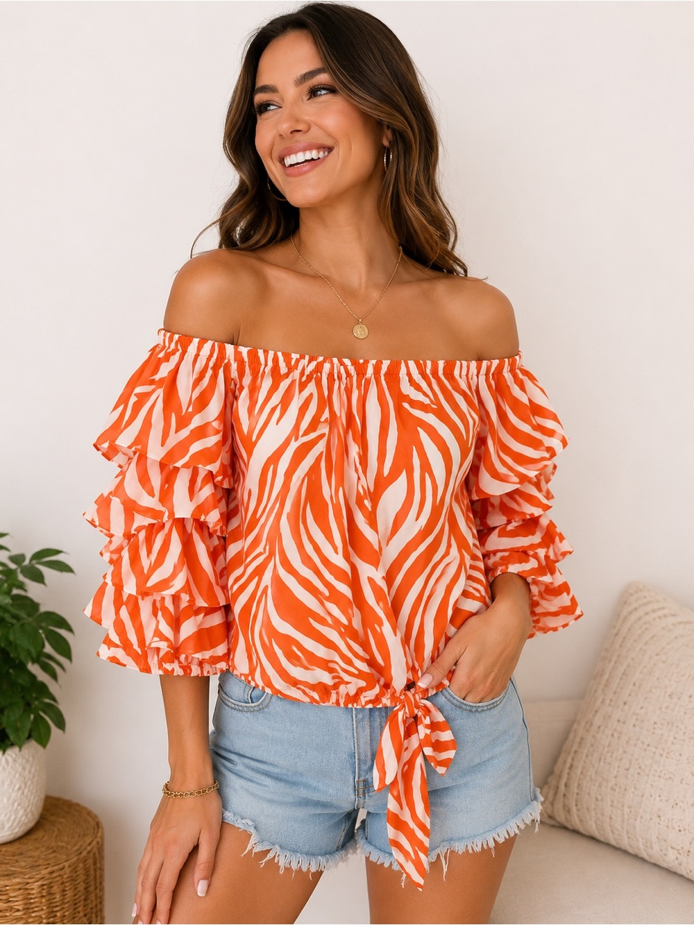 Coco Bianco Orange&White Off-Shoulder Blouse- Size Medium - Picture 1 of 6